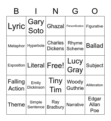 Poetry Bingo Card