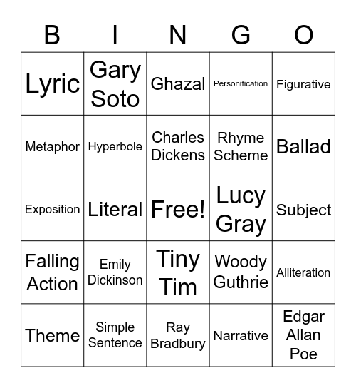 Poetry Bingo Card