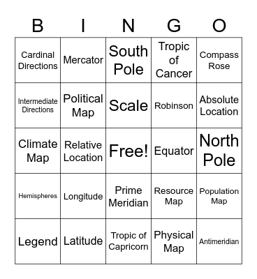 Basic Map Skills Bingo Card