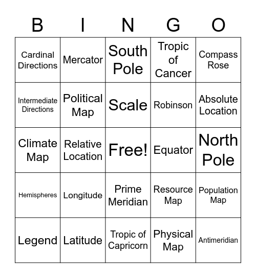 Basic Map Skills Bingo Card