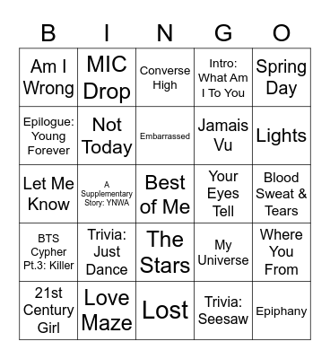 BTS Wollongong Festa 2022 Bingo Card