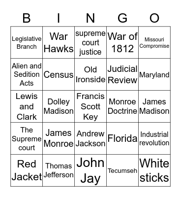 US HISTORY Bingo Card