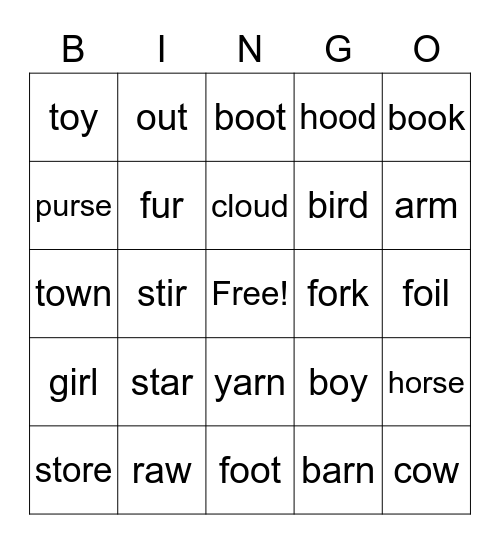Irregular Vowel Words Bingo Card