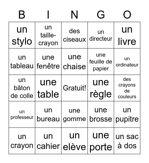 Classroom objects French M Bingo Card