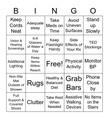 Fall Prevention BINGO Card