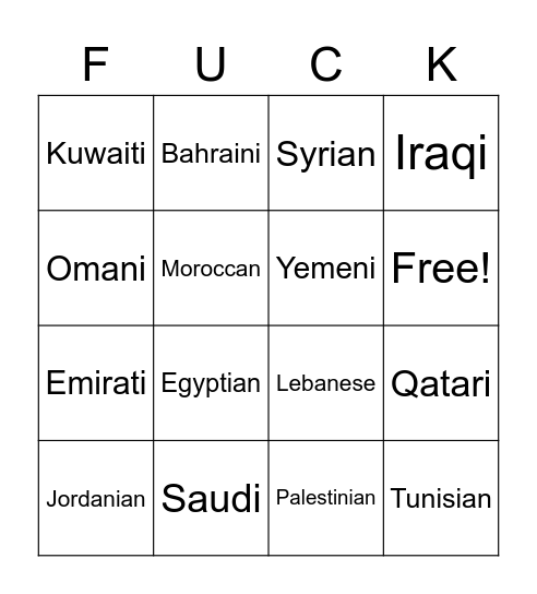 Angela's Arab Virginity Bingo Card