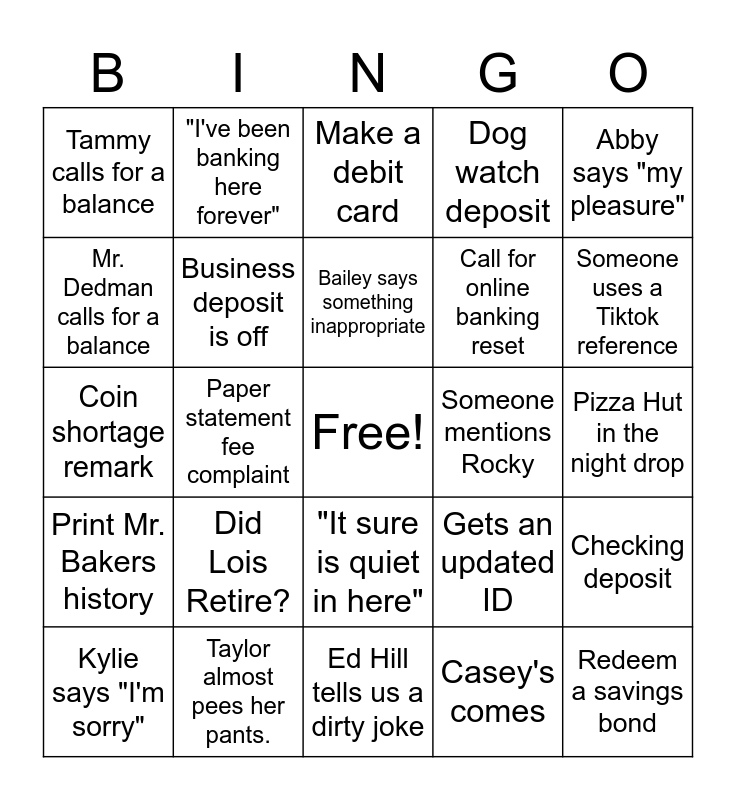 Bank Bingo Card