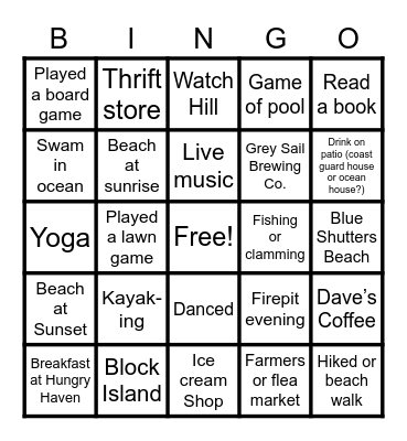 Charlestown Vacation Bingo Card