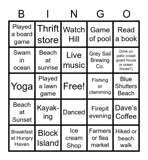 Charlestown Vacation Bingo Card