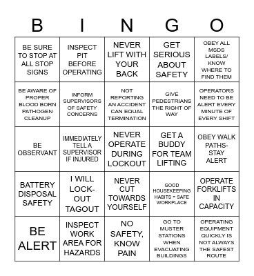 SAFETY BINGO Card