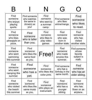 Friendship Bingo Card