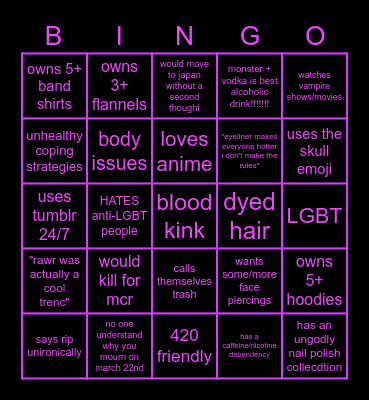 emo trash Bingo Card