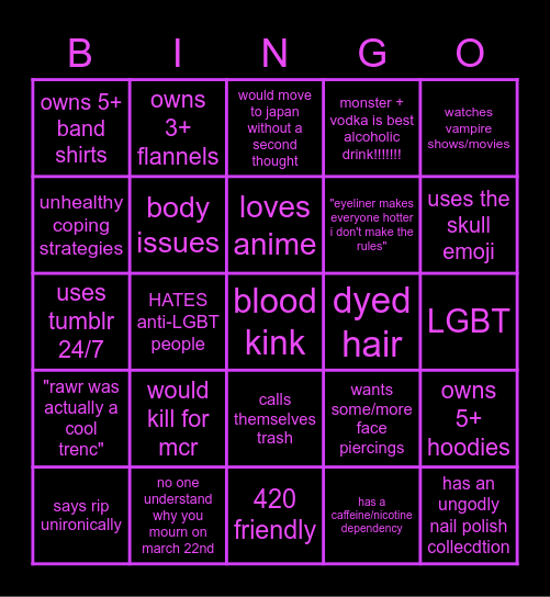 emo trash Bingo Card