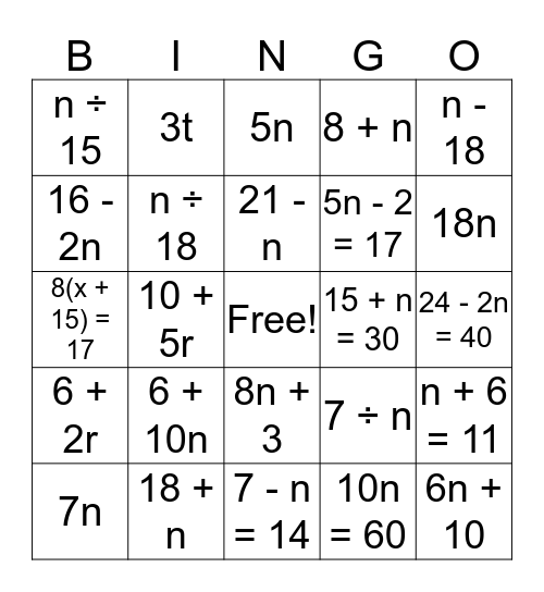 Translating Equations Bingo Card