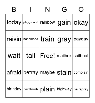 Long a Vowel Teams Bingo Card