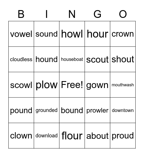Diphthongs ou/ow Bingo Card