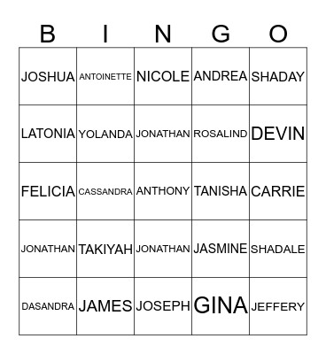 FAMILY NAMES Bingo Card