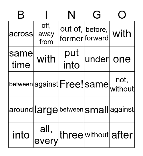 PREFIXES  Bingo Card