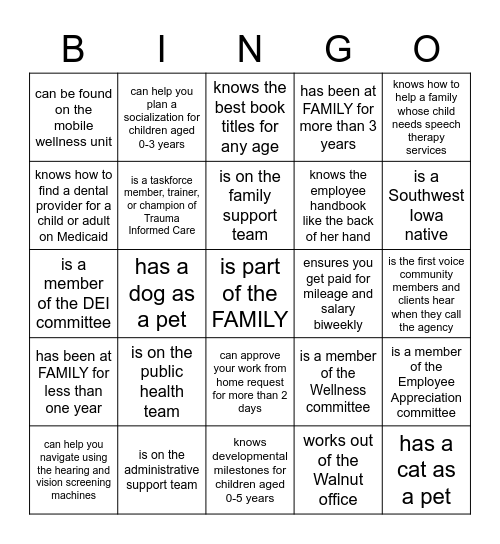 FAMILY Bingo: Find someone who.... Bingo Card