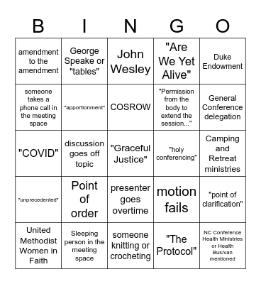 NC Annual Conference Bingo Card