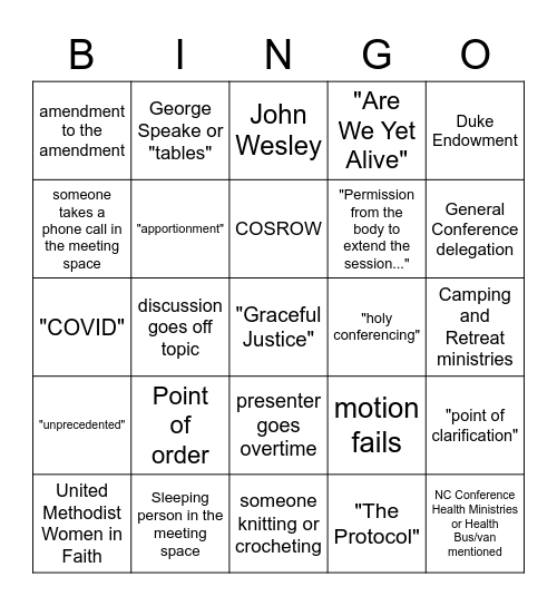 NC Annual Conference Bingo Card