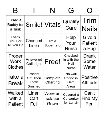CNA Bingo Card