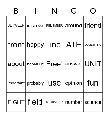 Sight Words Bingo Card