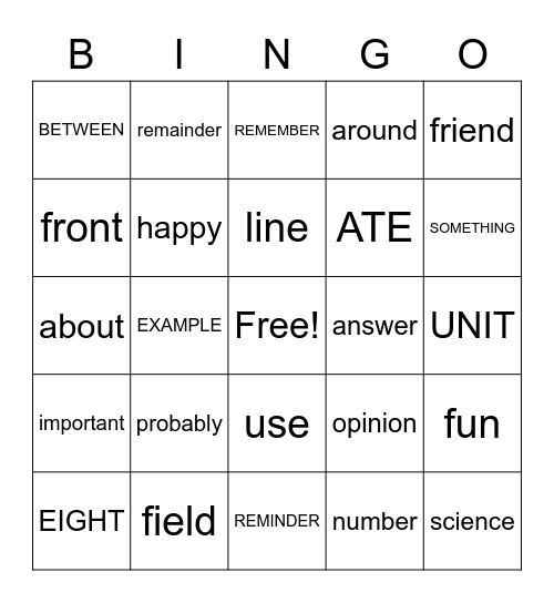 Sight Words Bingo Card