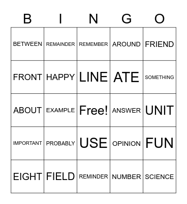 Sight Words Bingo Card