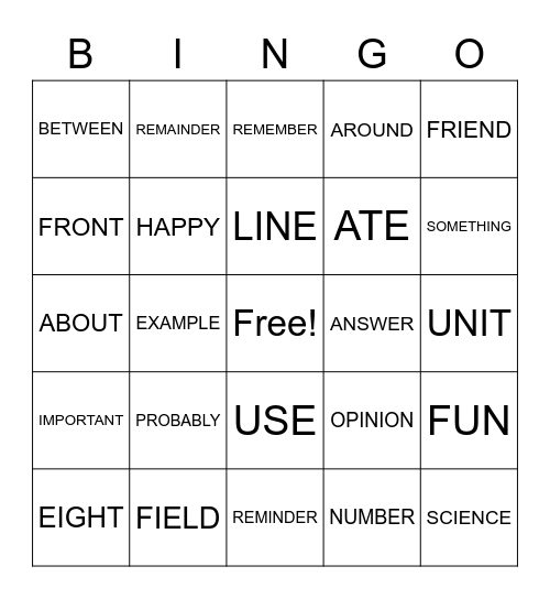 Sight Words Bingo Card