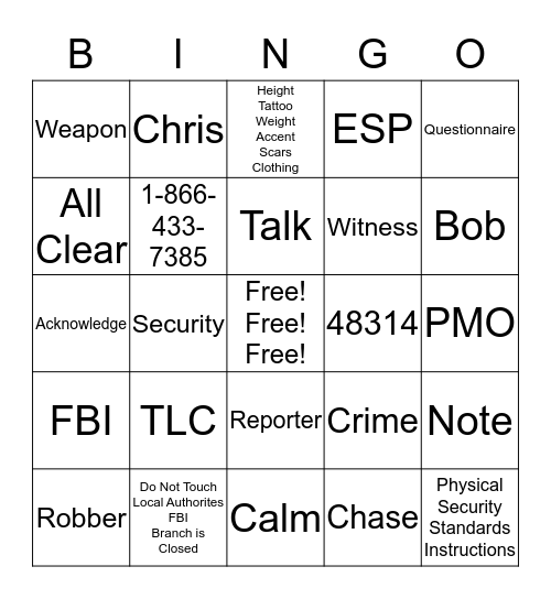 Robbery Bingo Card