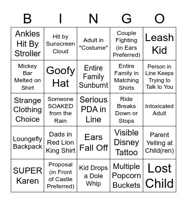 Disney World Bingo Card