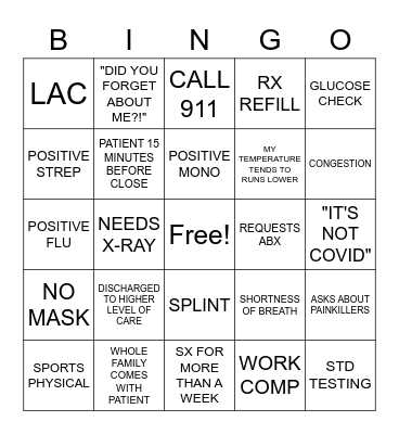 BANNER URGENT CARE Bingo Card