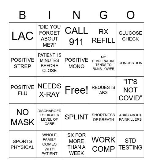 BANNER URGENT CARE Bingo Card