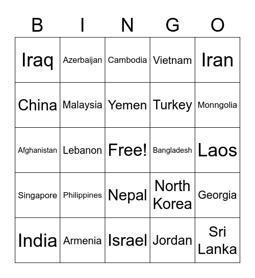 Asia Bingo Card