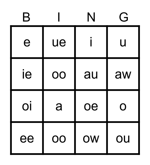 Vowel Valley Bingo Card