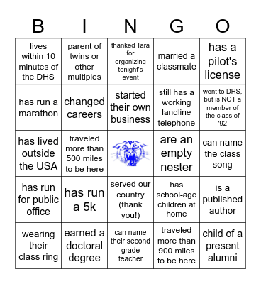 Bearcats Class of 1992 Bingo Card