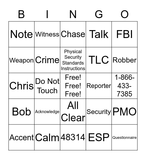 Robbery Bingo Card