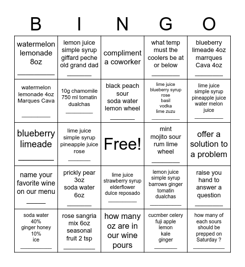 Beverage Bingo Card