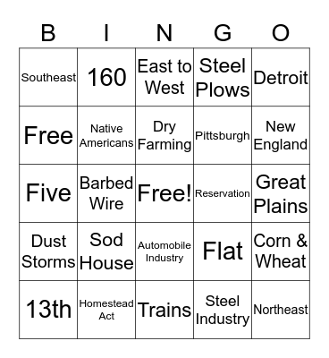 Going West! Bingo Card