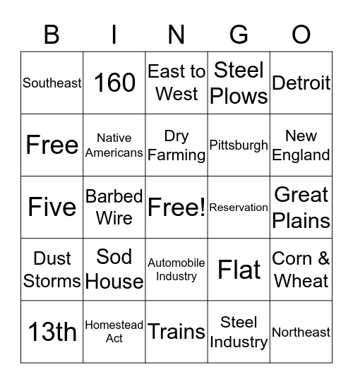 Going West! Bingo Card