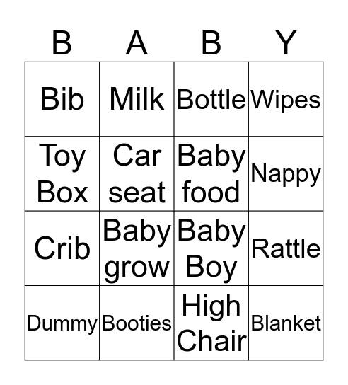 Jen's Baby Shower Bingo Card