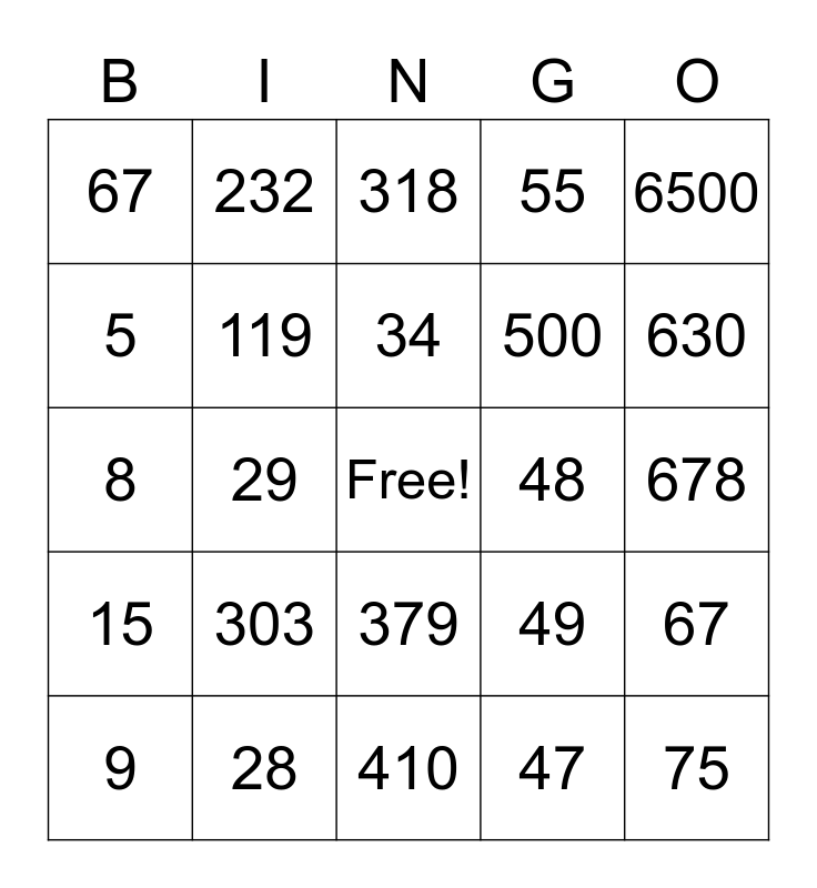 Number Bingo 1-75 Bingo Card