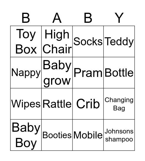 Jen's Baby Shower Bingo Card