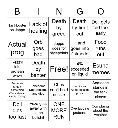 Zodiark Early TEA prog Bingo Card