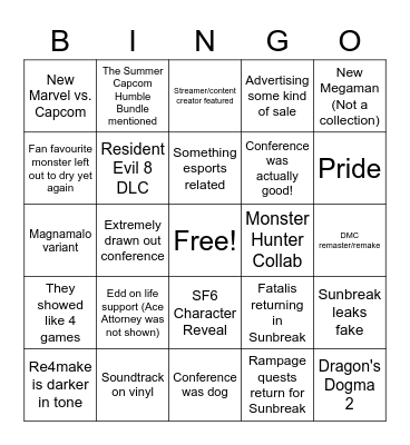 Capcom Keigh3 Bingo Card