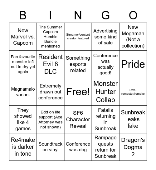 Capcom Keigh3 Bingo Card