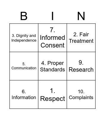Resident Rights Bingo Card
