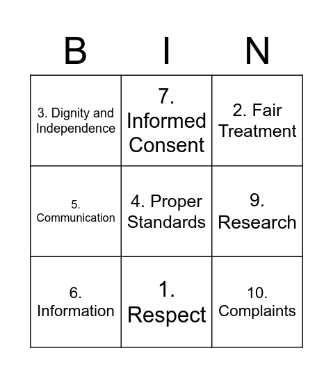 Resident Rights Bingo Card