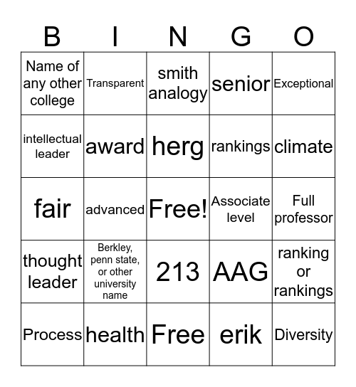 Geography Faculty Hiring Bingo Card